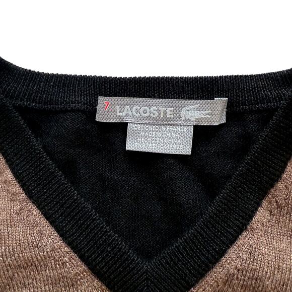 VTG Lacoste Argyle Sweater Mens sz 7 2XL Yellow Black Fine Merino Wool Preppy - Picture 2 of 8